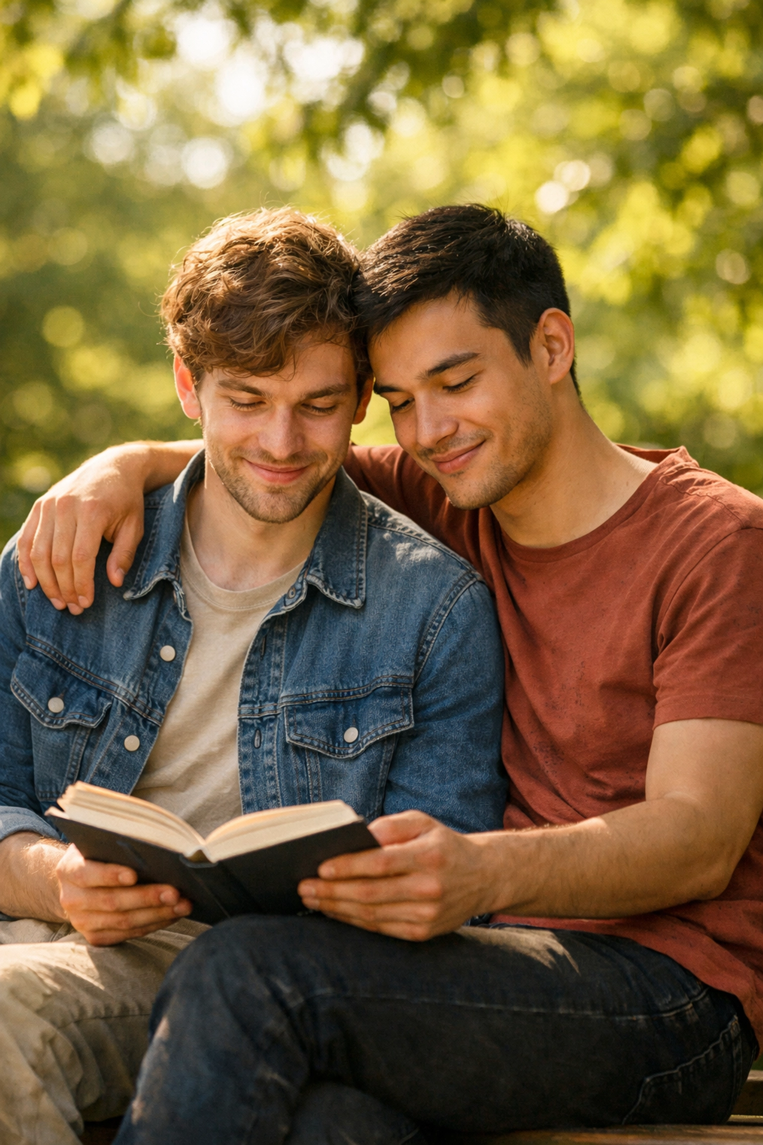 Gay couple reading book together on park bench, celebrating visibility after Section 28 repeal