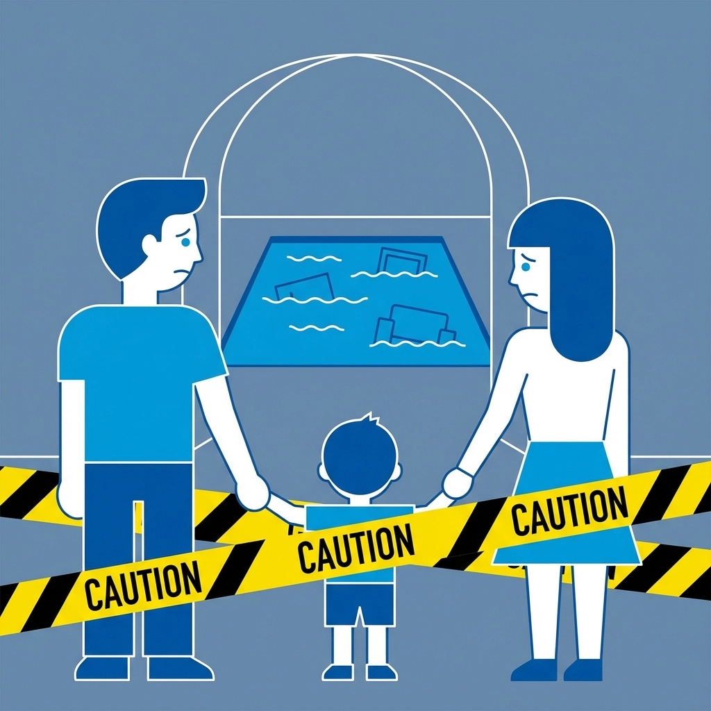 Family standing safely behind barrier tape, looking at flooded basement needing professional sewage clean up