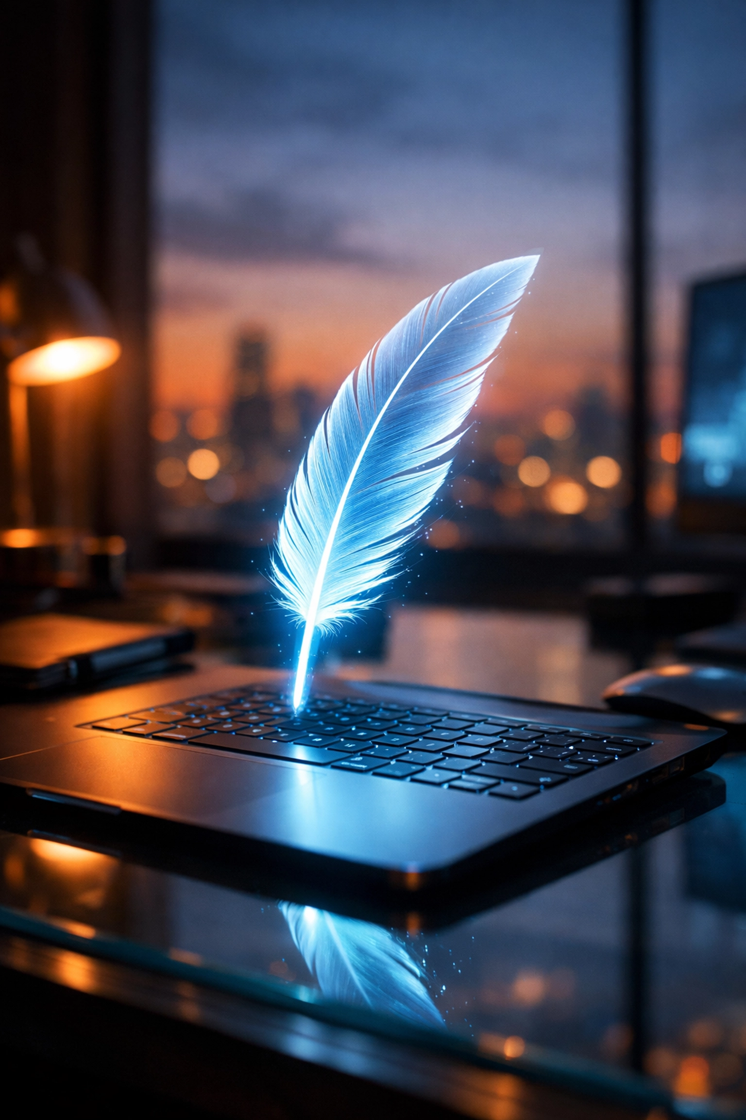 Futuristic digital quill pen over a laptop representing AI writing tools for long-form blog content.