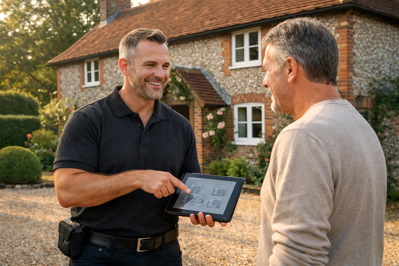 Professional security consultant discussing a home security plan with a Midhurst homeowner.