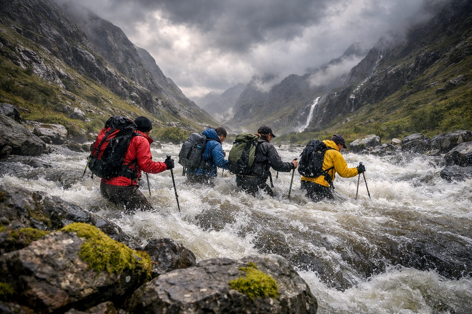 Hikers crossing swollen river on guided hiking tour in Scottish Highlands