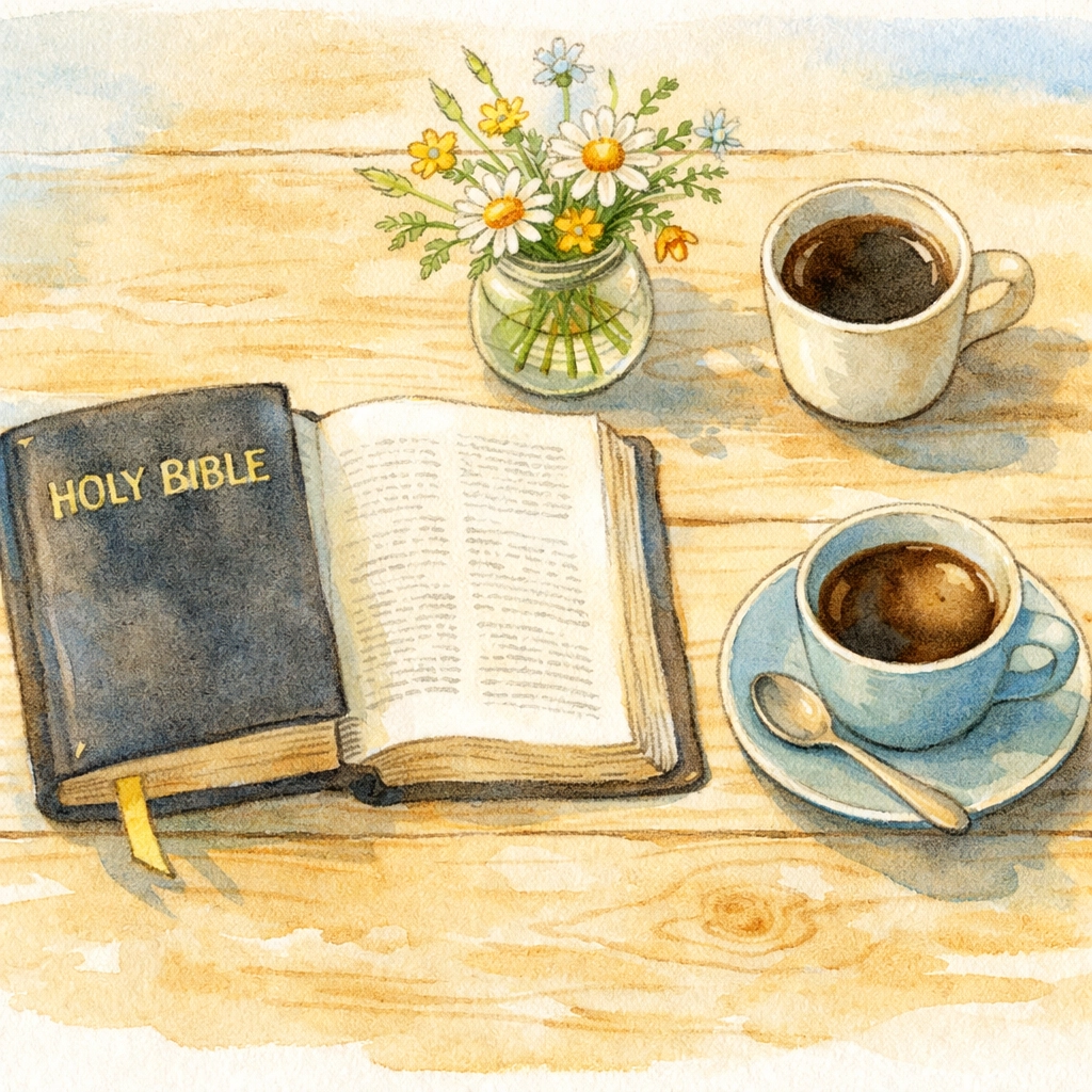 Bible and coffee on table representing Christian fellowship and community connection over shared meals