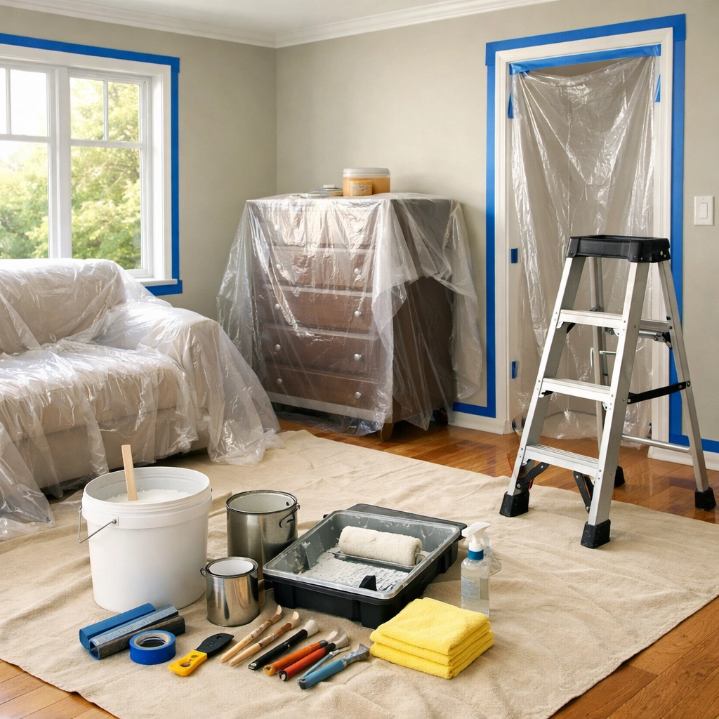 Professional painting preparation with furniture covered and tape applied in Cheltenham home