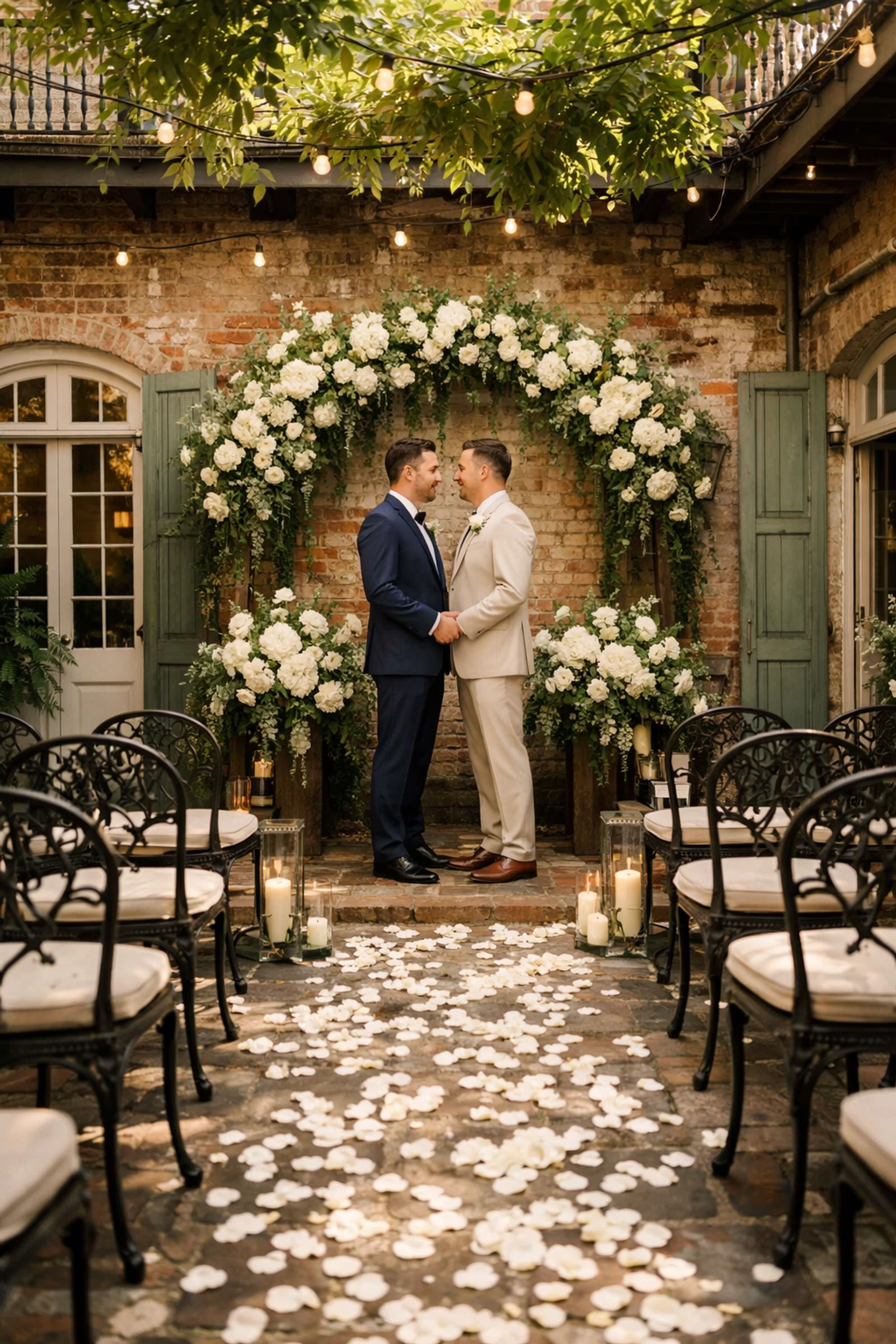 Elegant gay wedding ceremony setup in historic New Orleans courtyard venue with floral altar