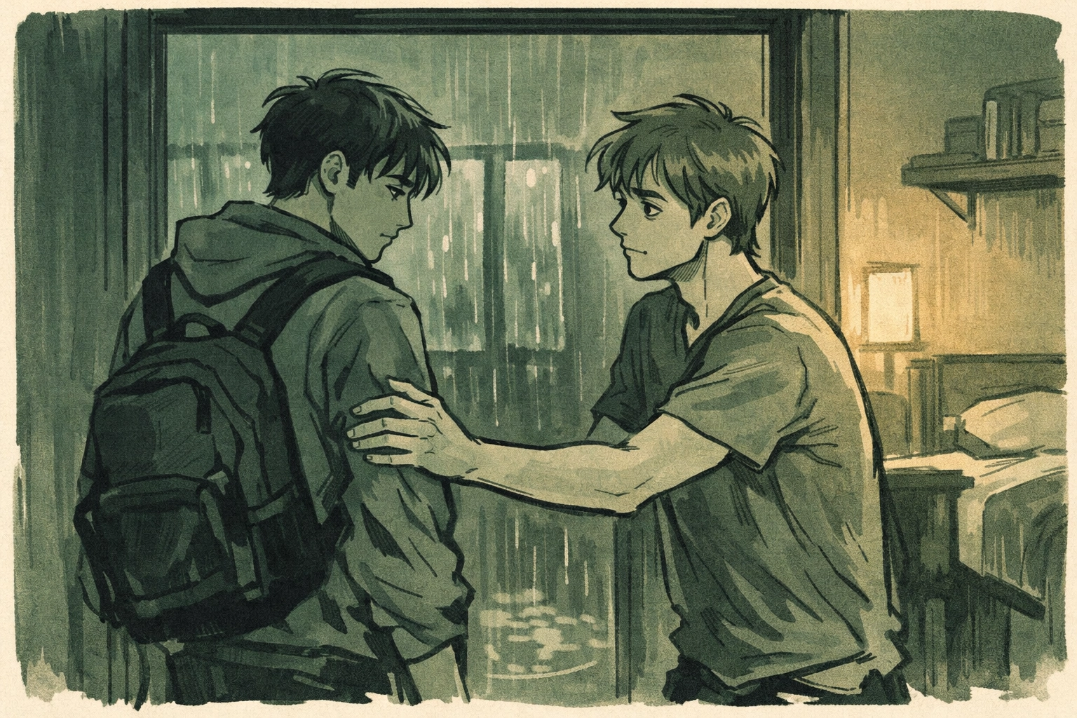 College roommate reaching out to stop partner from leaving during rainstorm