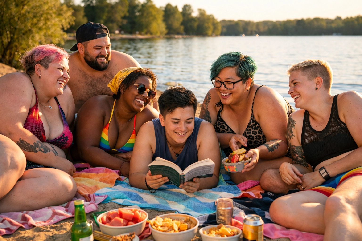 LGBTQ+ friends enjoying body positivity at a Berlin FKK lake during summer