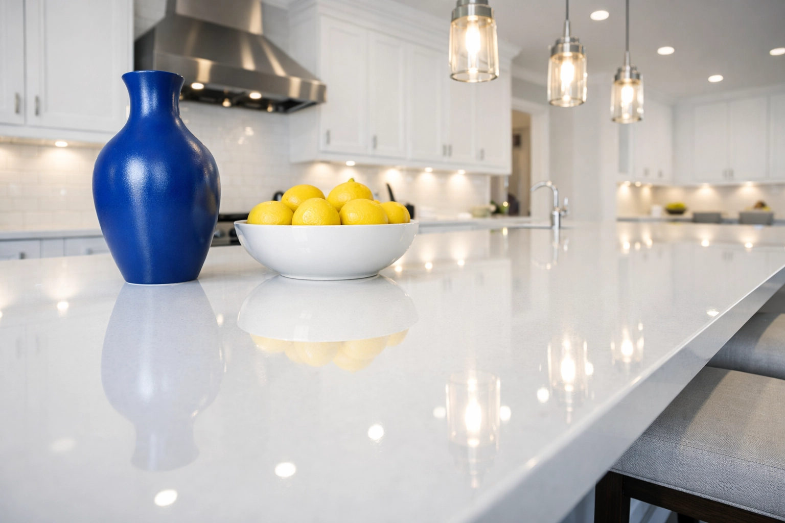 A sparkling clean white quartz kitchen island after a professional Apartment Cleaning Boston deep clean.