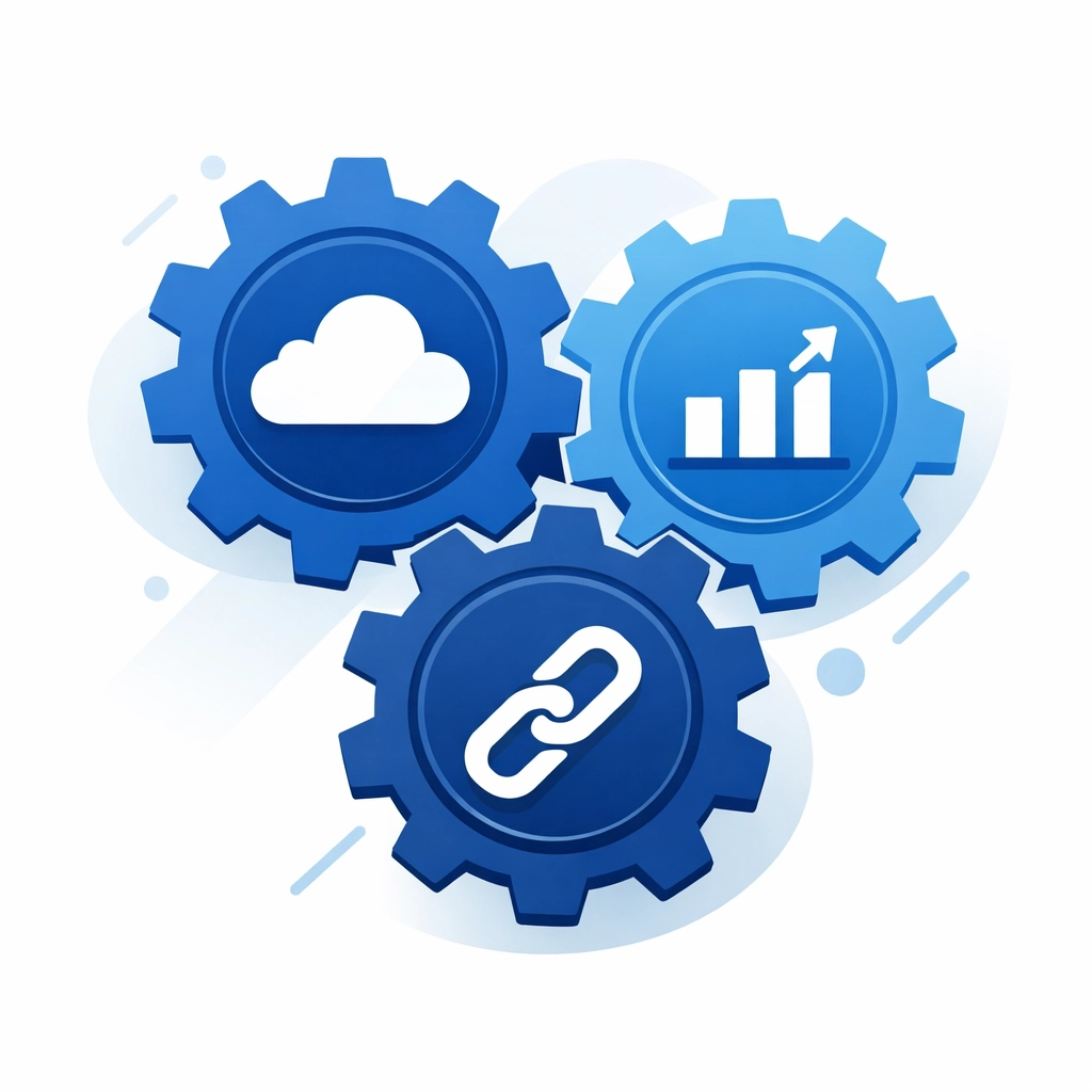 Interlocking tech gears representing backend integration and seamless data flow for professional business websites.