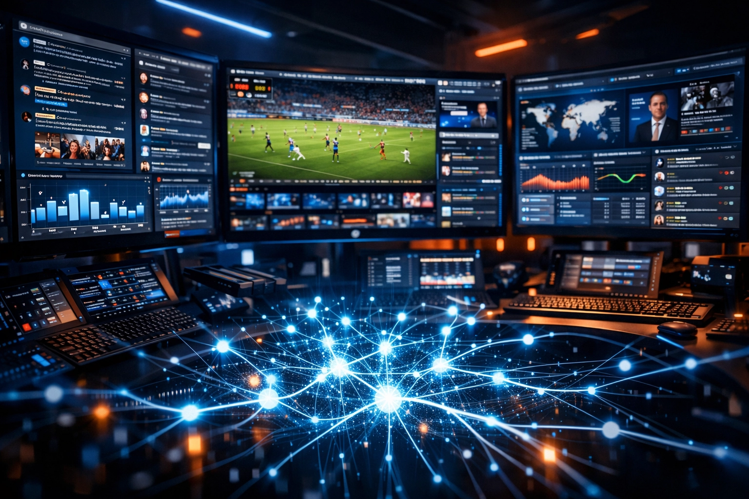 Digital command center with multiple monitors displaying sports analytics and social media feeds