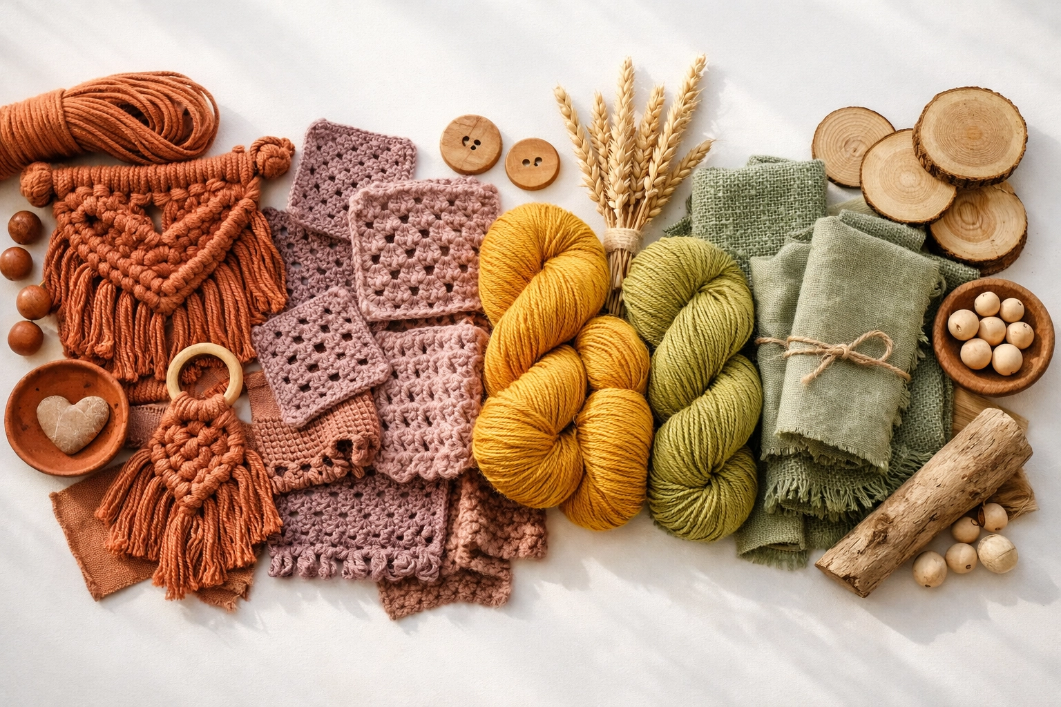 Handcrafted color palette samples with macramé, crochet, and textiles in 2026 trending hues