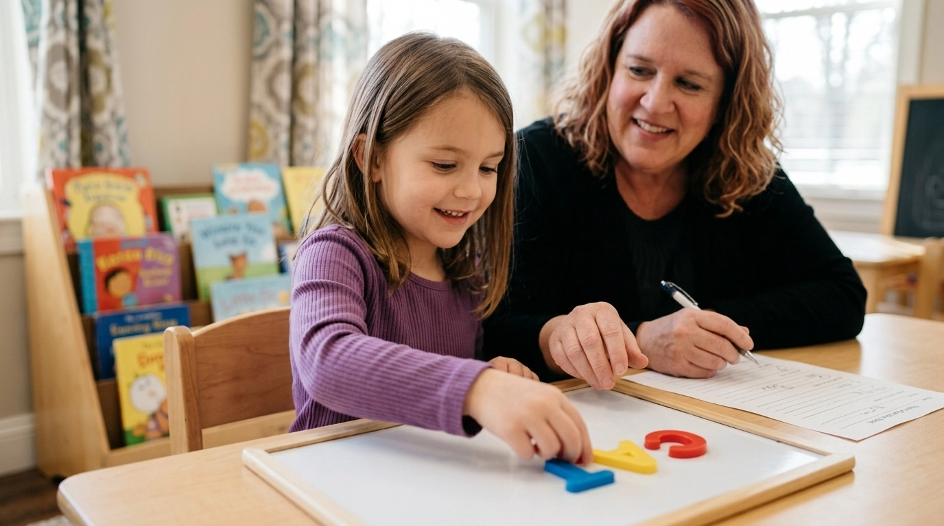 A young student and an educator in a bright, natural-light setting, using tactile letters for a multisensory reading lesson.