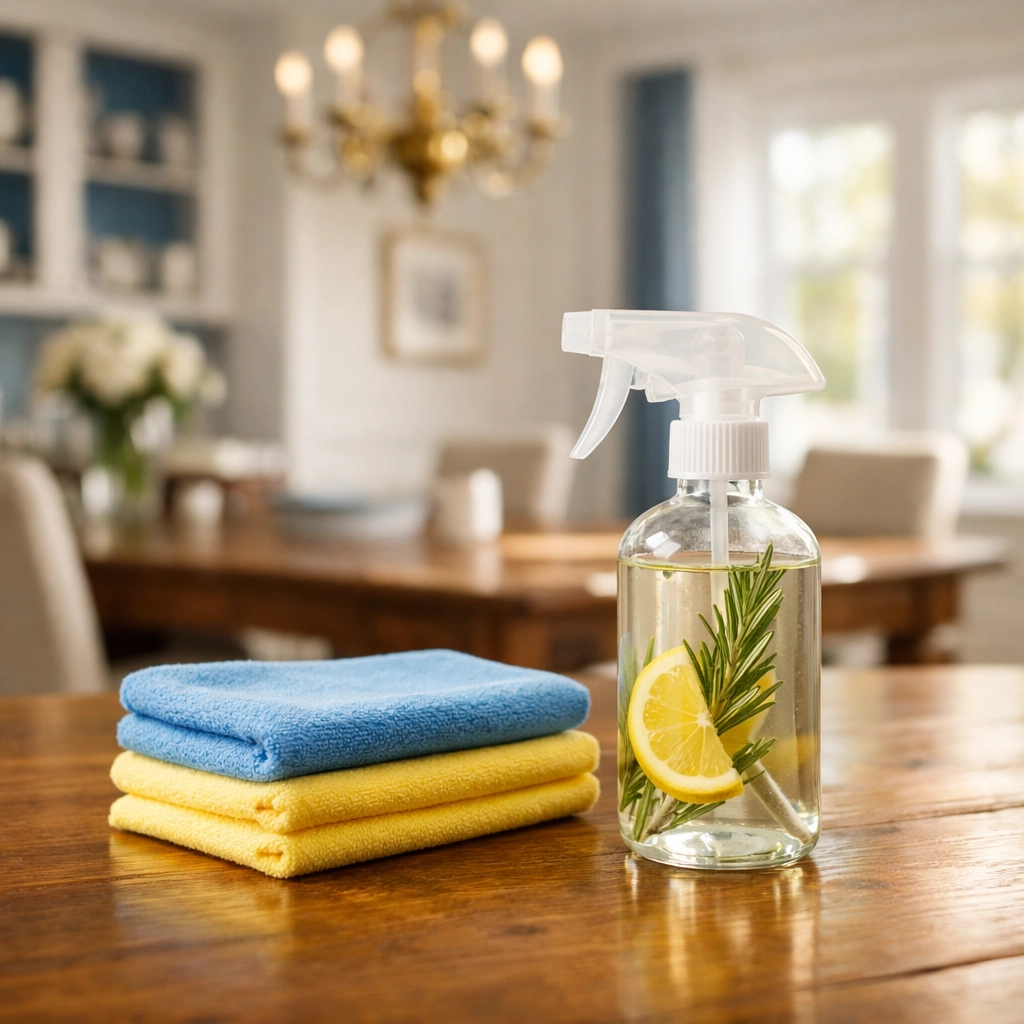 Eco-friendly house cleaning Cambridge MA supplies on a sunlit table for a healthy home environment.