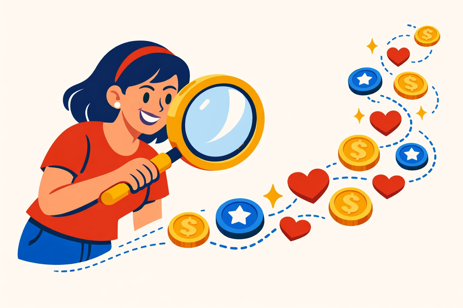 Illustration of a mom tracking expenses with a magnifying glass to identify budgeting leaks.