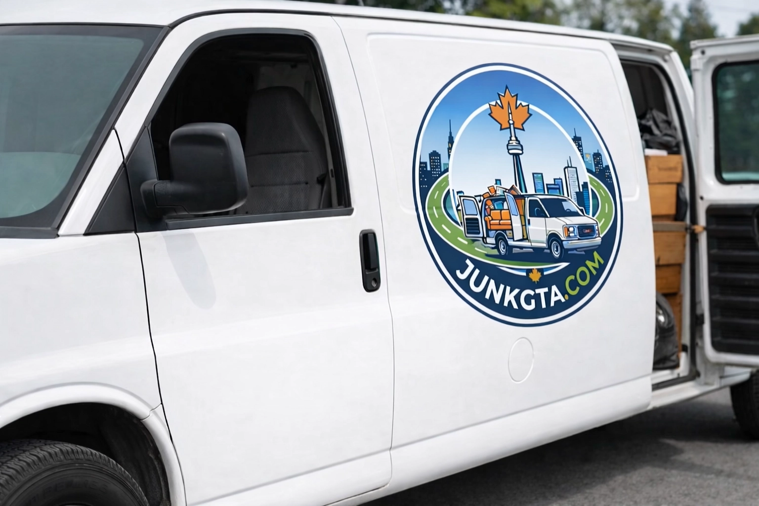 A branded cargo van filled with junk items, including a couch and boxes, parked against a stylized Toronto skyline