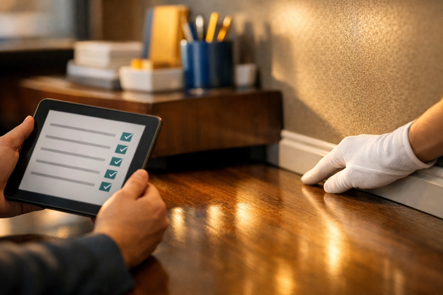 Commercial cleaning services near me performing a detailed inspection in a Boston office conference room.