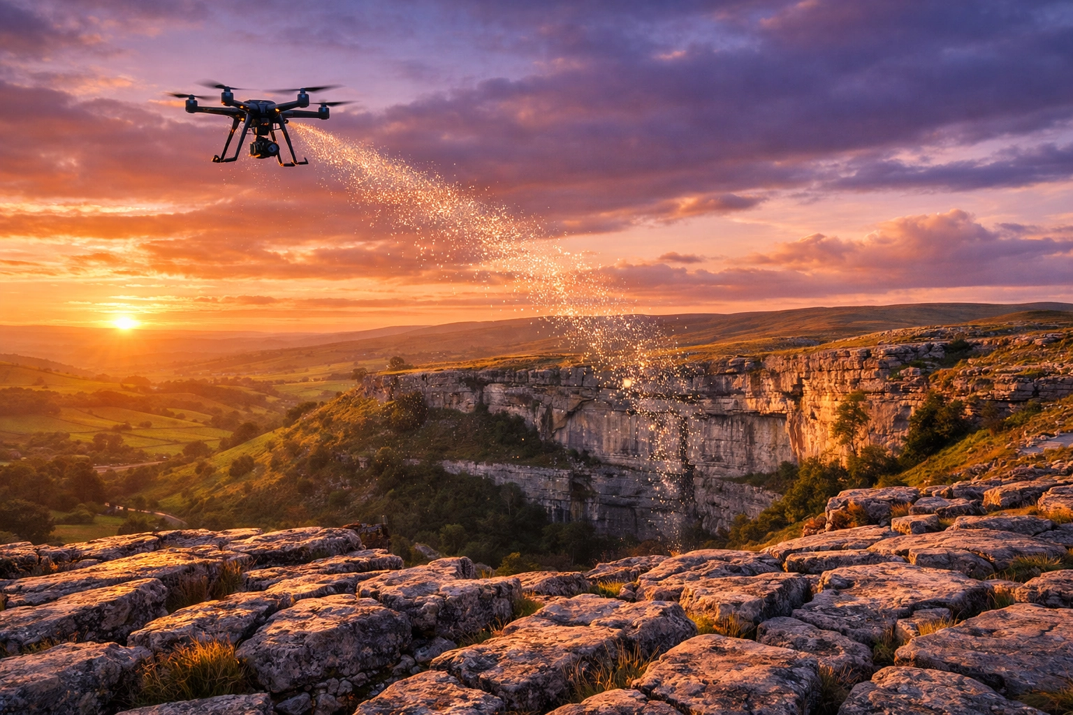 Drone scattering ashes over the limestone pavement at Malham Cove in the Yorkshire Dales at sunset.