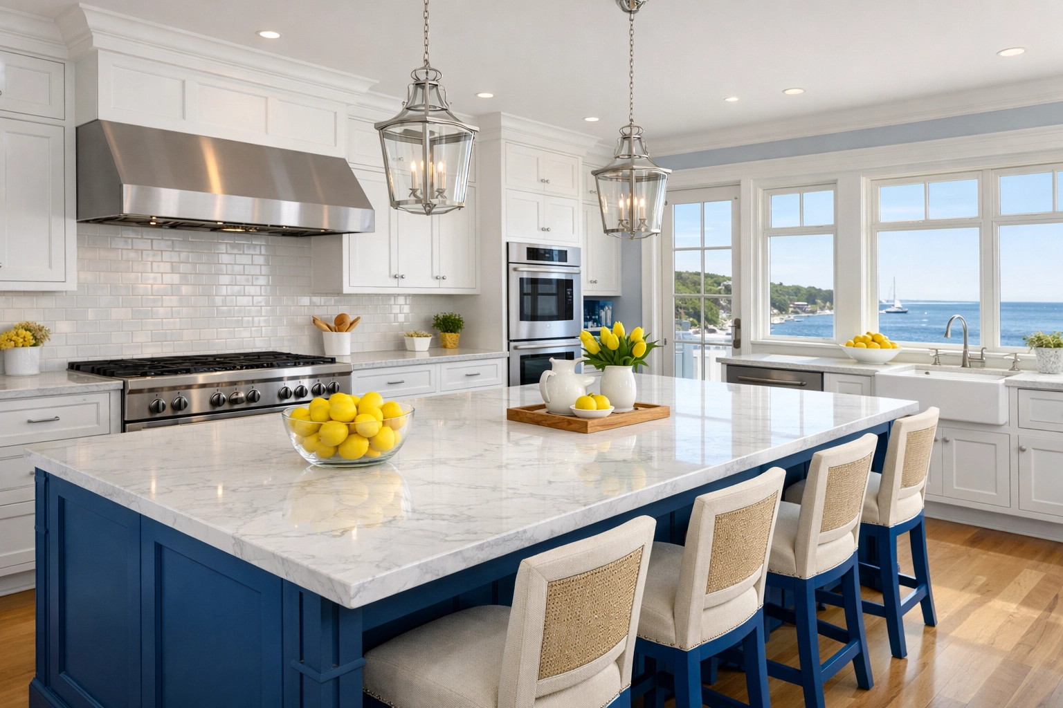 Sparkling luxury kitchen in a Hingham estate with clean marble counters and professional detailing.