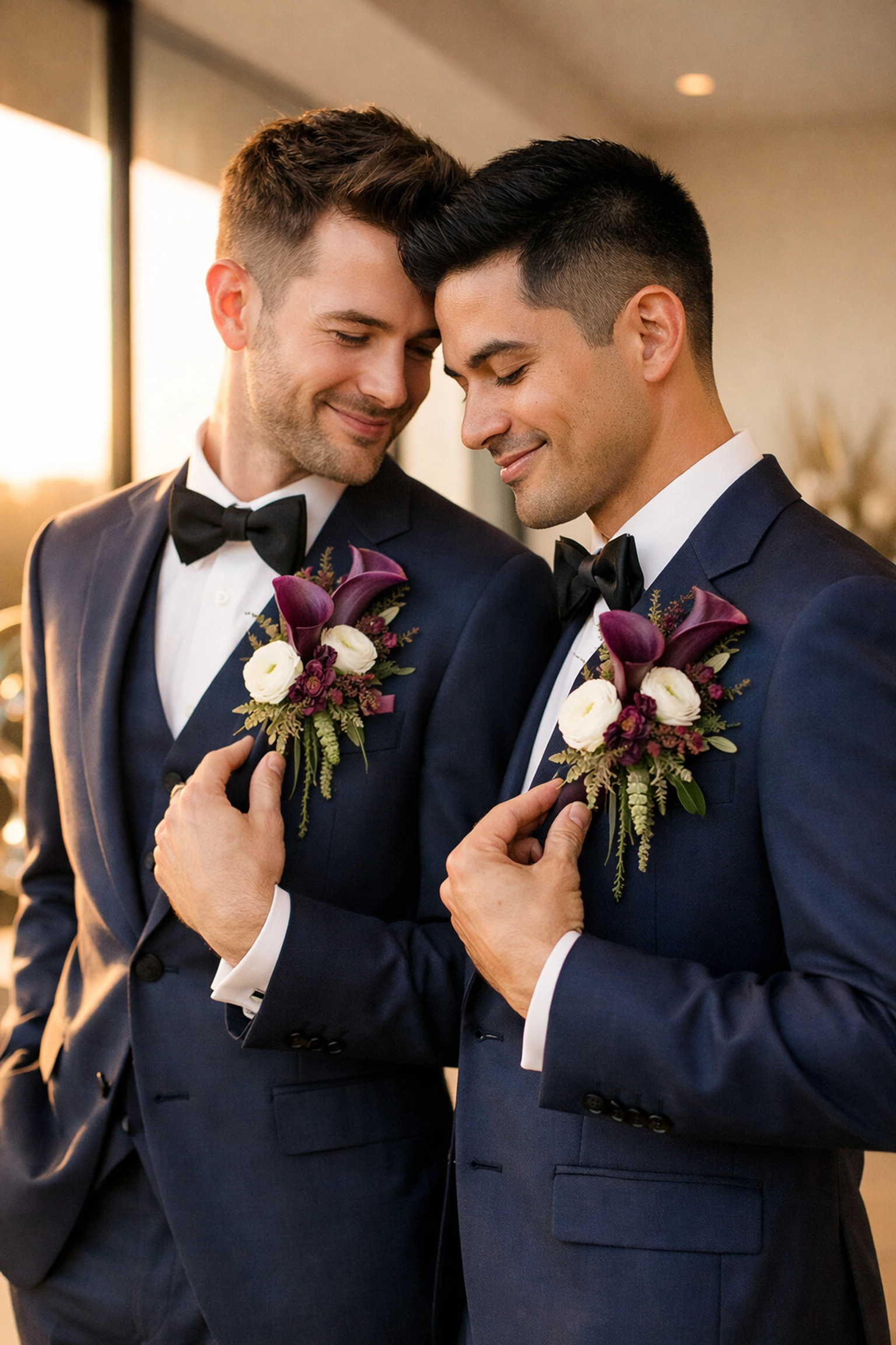 Two grooms with matching boutonnieres at same-sex wedding celebration