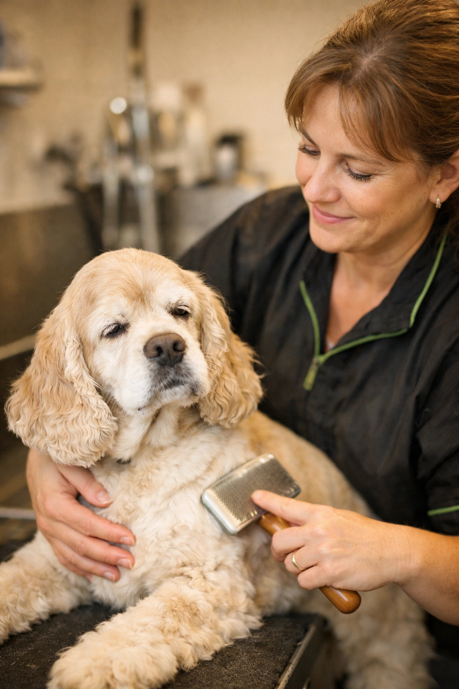 Gentle holistic grooming for senior dogs at Green Acres K-9 Resort, a top Portland pet service.