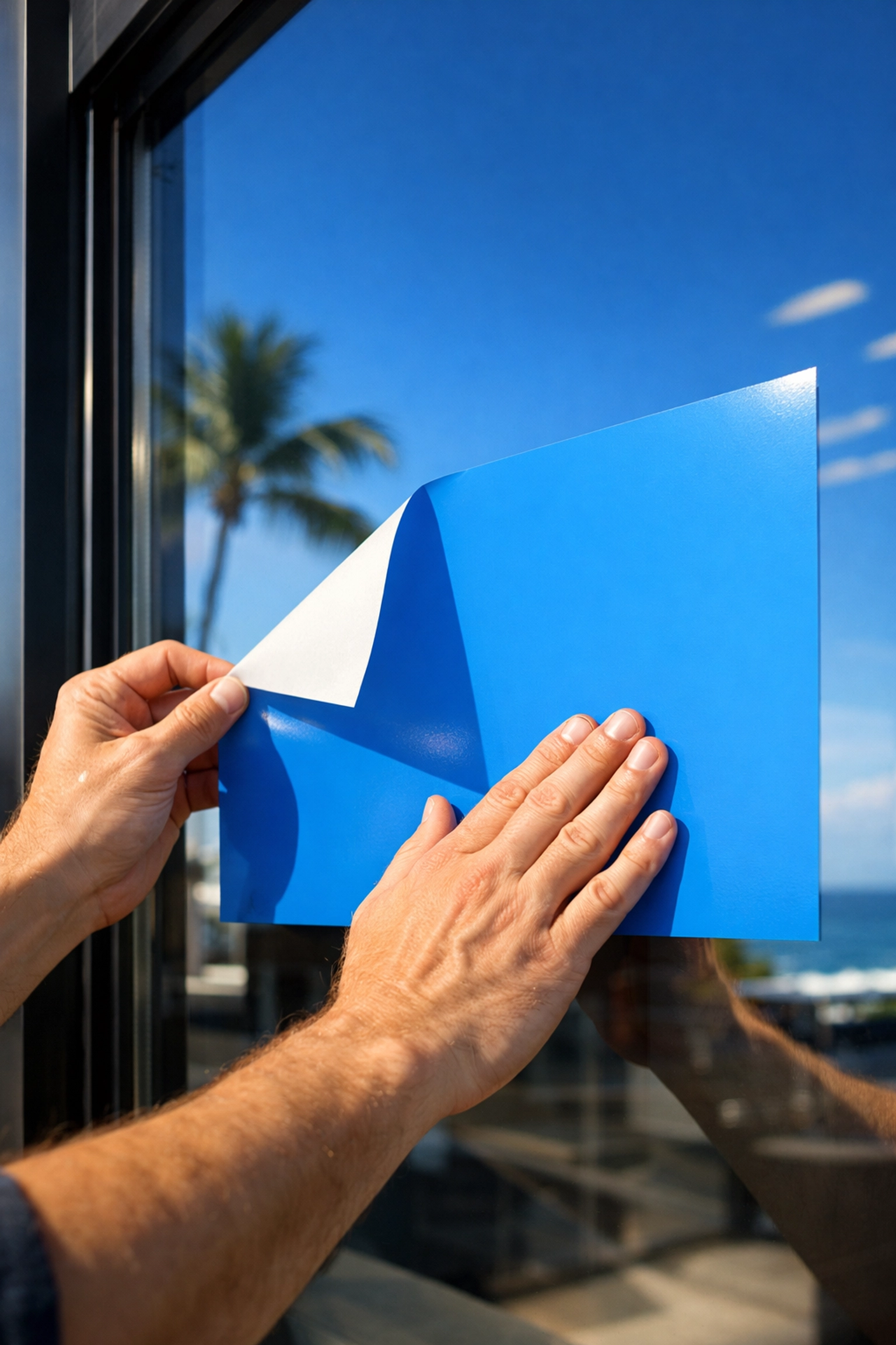 Applying a custom vinyl window decal for a Kona business reopening after storm damage.