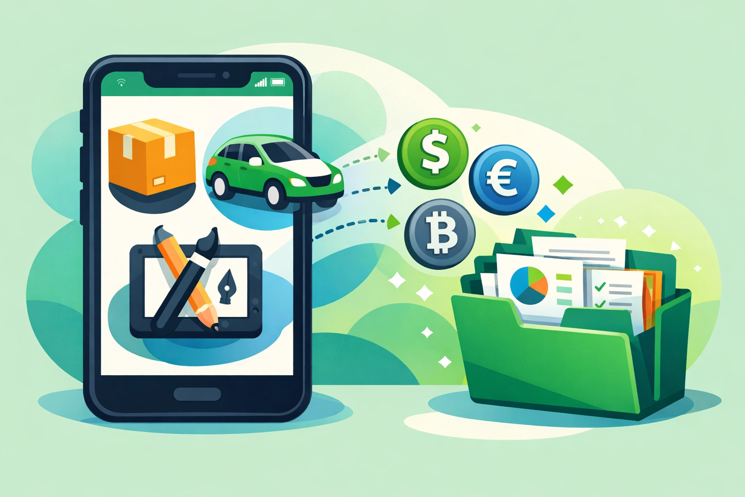Smartphone illustration showing gig economy income tracking and digital tax record-keeping for side hustles.