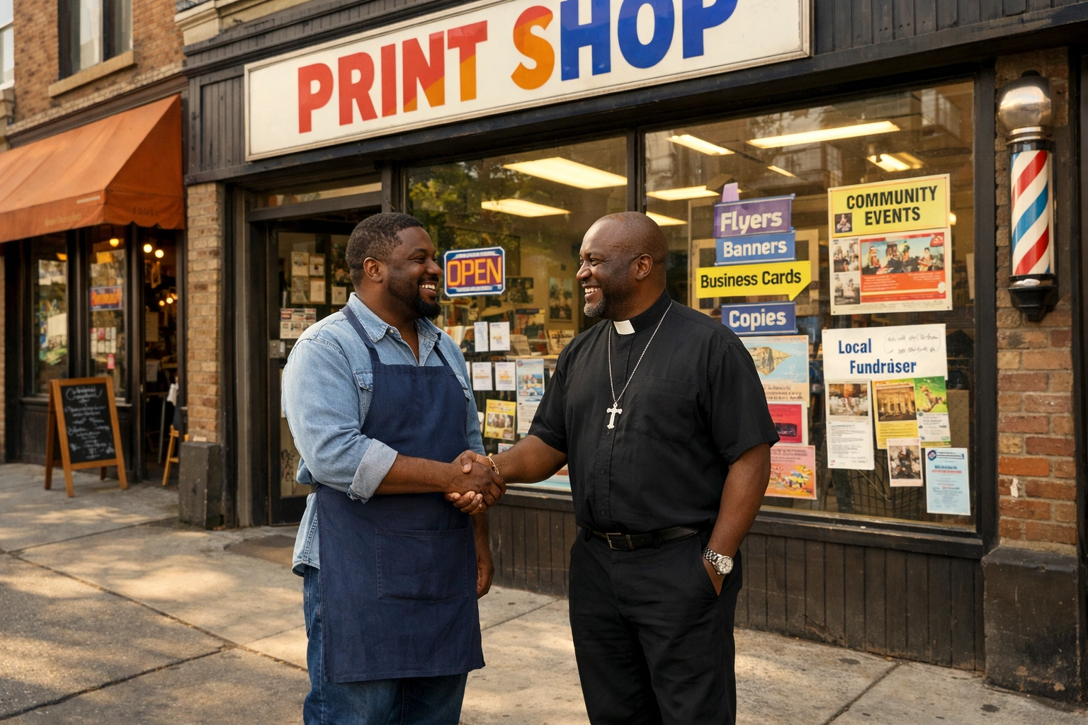 Pastor shaking hands with local business owner creating church partnership for closed-loop economy