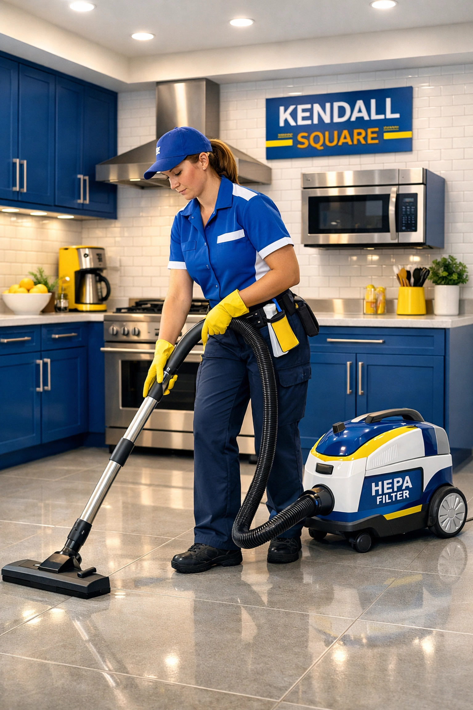 Maid service Cambridge professional using an advanced HEPA vacuum in a modern Kendall Square kitchen.