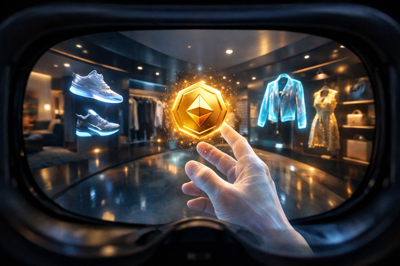 Virtual reality storefront showcasing immersive metaverse shopping and seamless Web3 crypto payments.