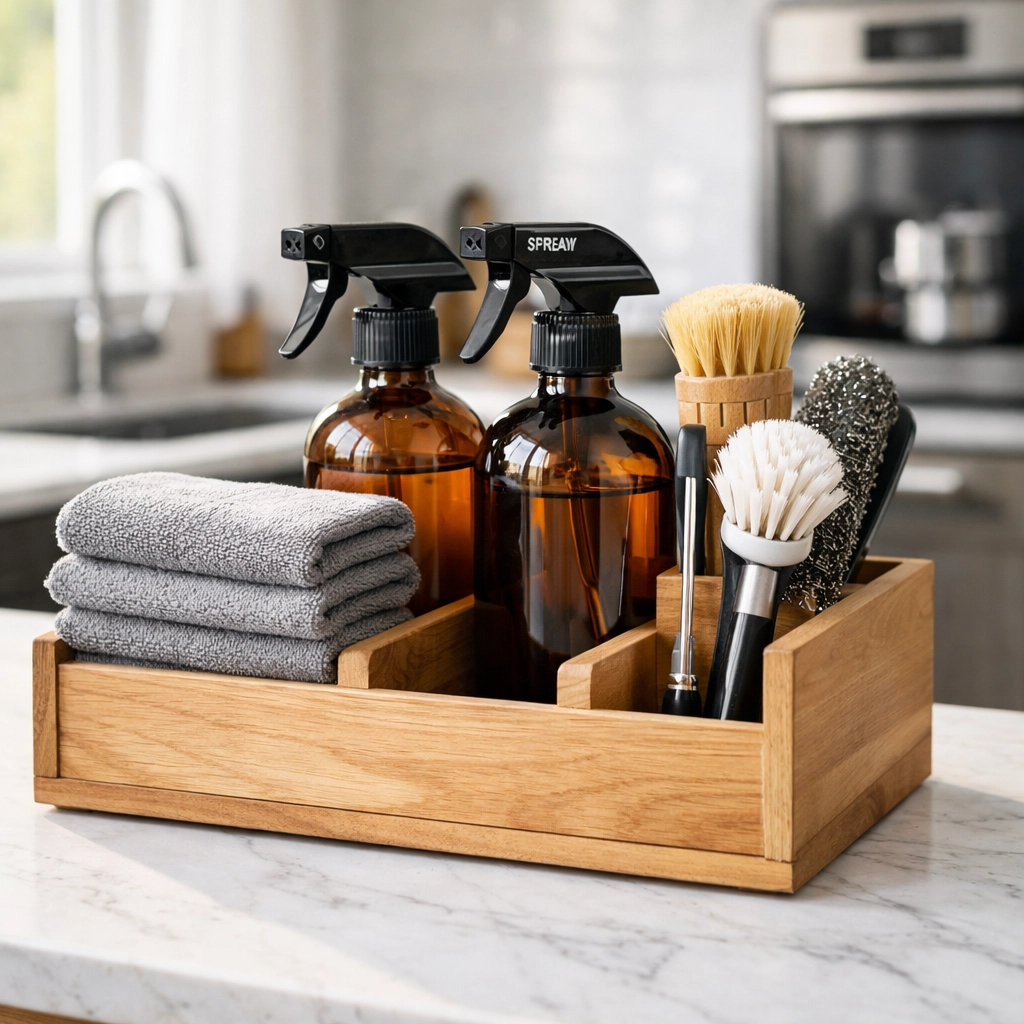 Professional turnover cleaning supplies in a modern kitchen for Midwest property managers.