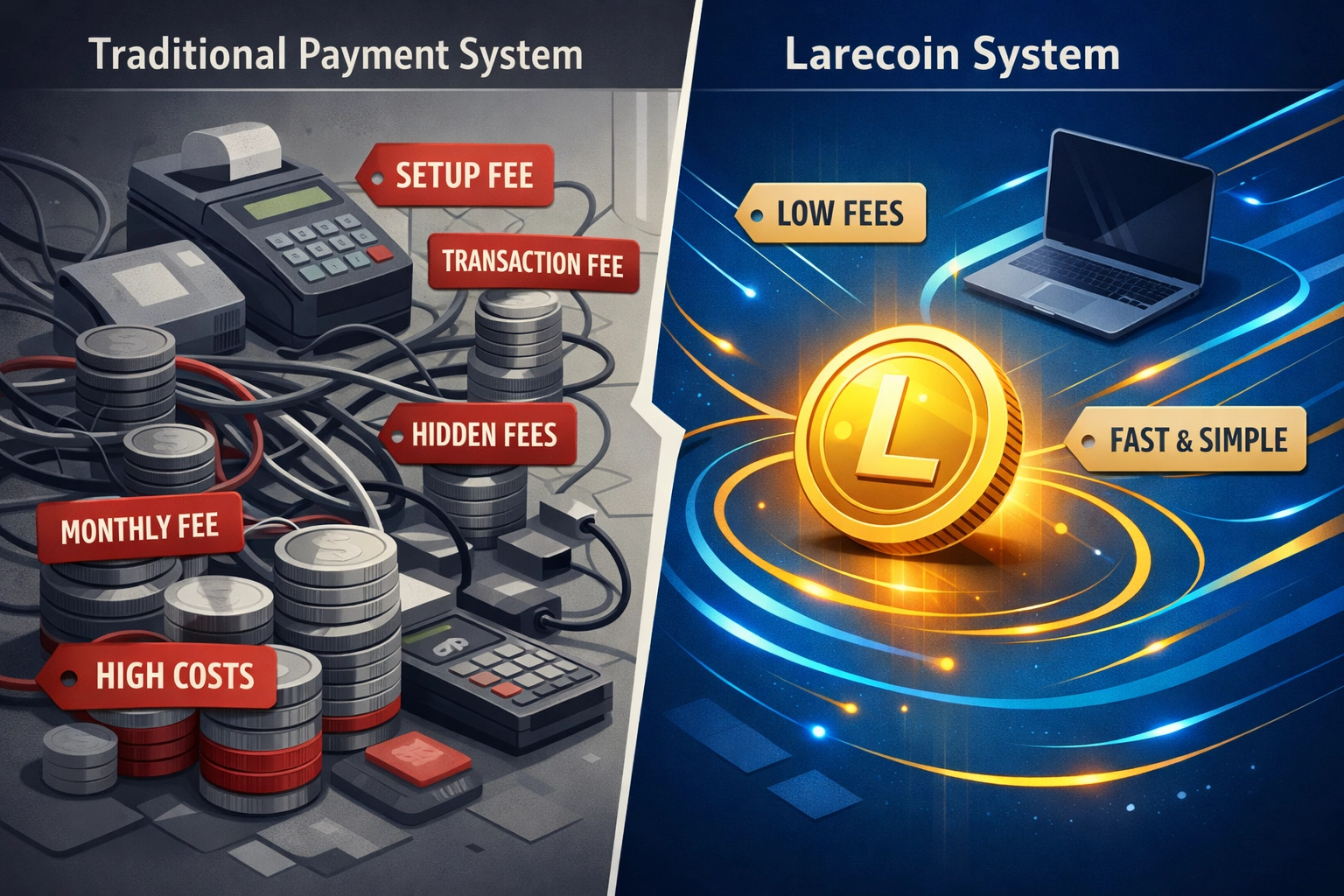 Fee comparison showing Larecoin's 50% lower costs versus NOWPayments for crypto transactions