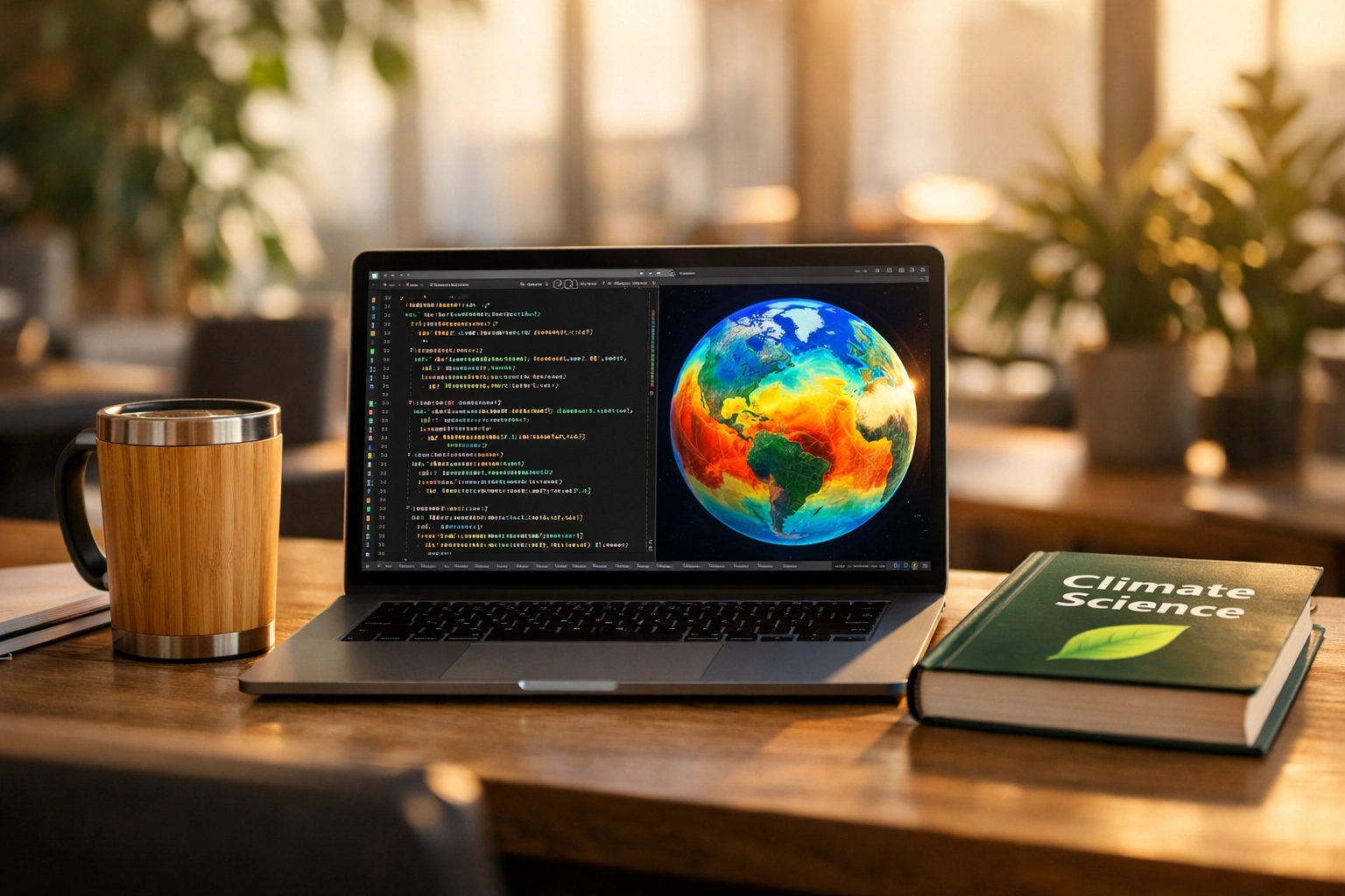 Professional workstation with coding tools and climate models for environmental sustainability data analysis.