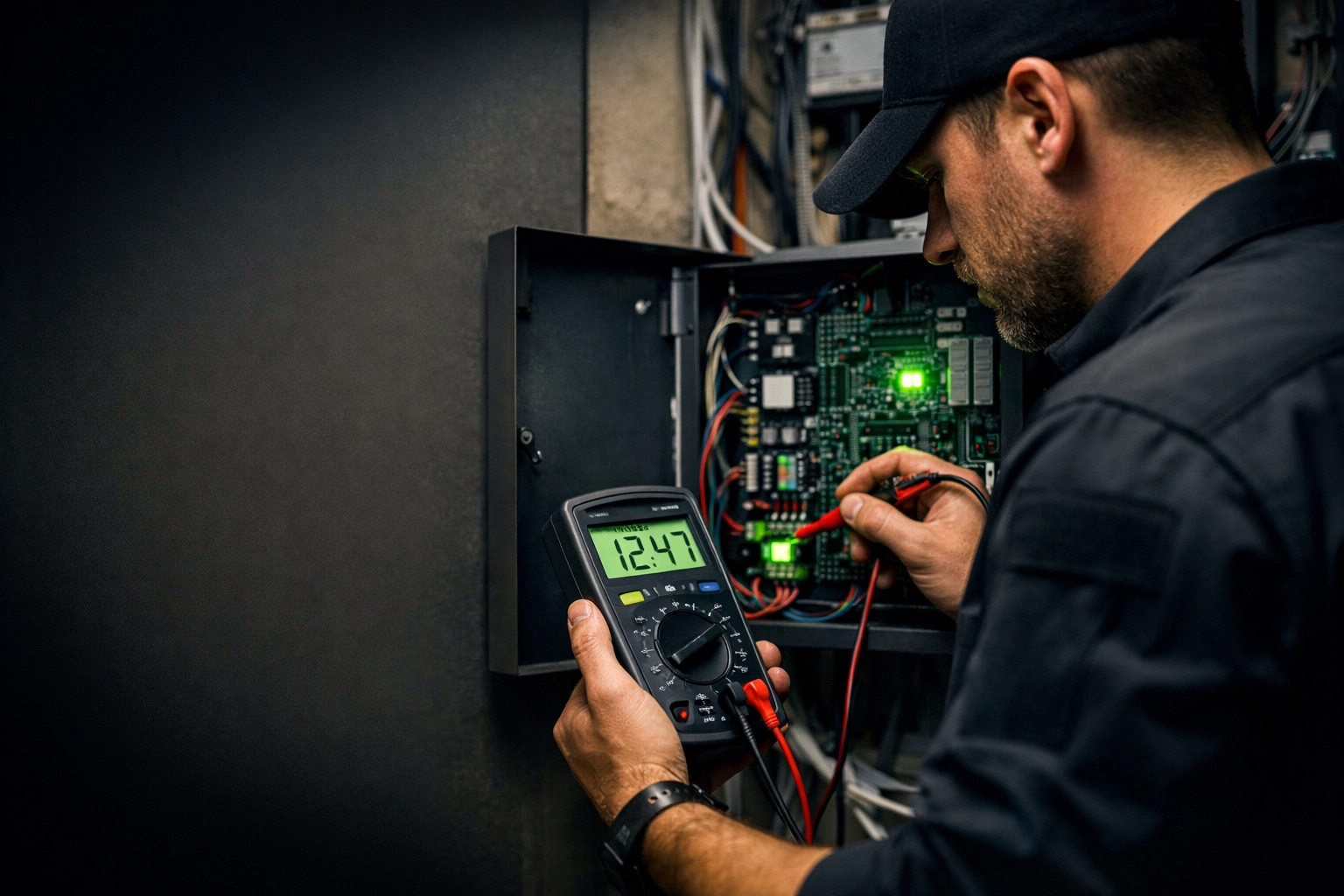 Technician performing door access system troubleshooting using a multimeter on a security circuit board.
