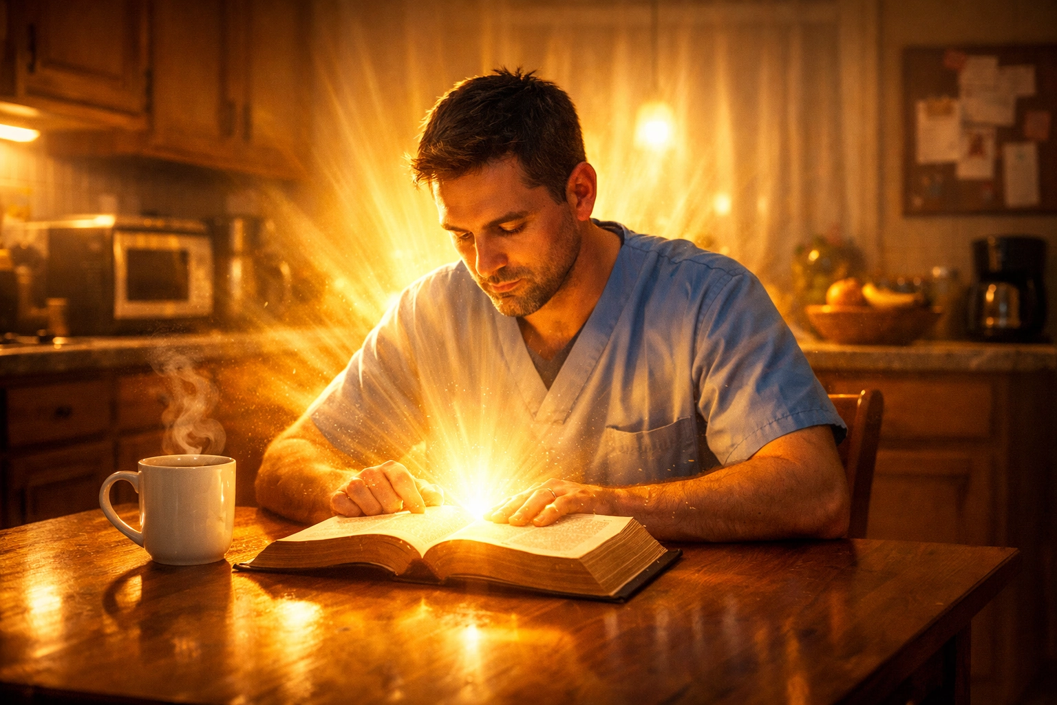 A tired worker finding strength through Bible study and prayer at home, reflecting God's everyday miracles.