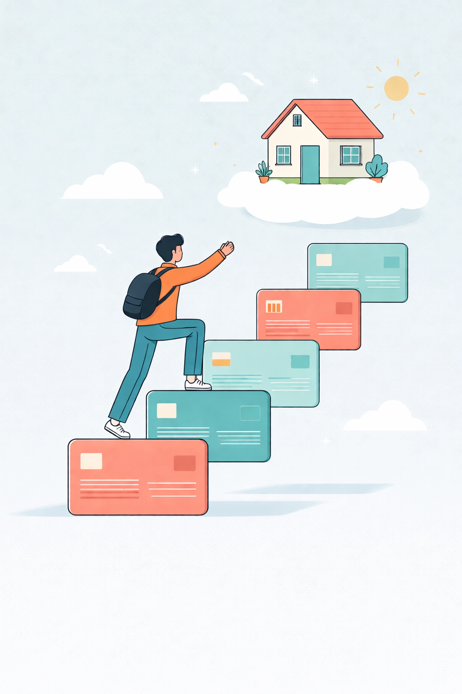 Persona subiendo escalones hechos de tarjetas de crédito hacia una casa, simbolizando mejora de crédito para comprar vivienda