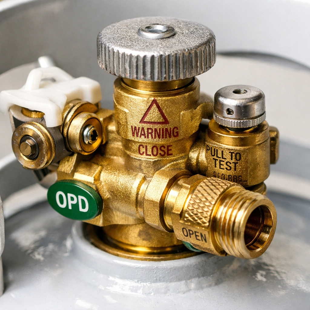 Safety valve and overfill protection device on refillable gas cylinder