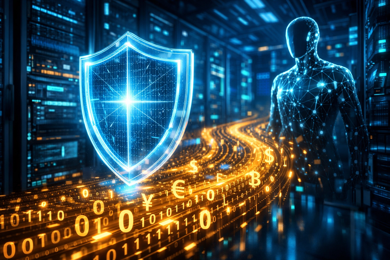 AI-driven fraud detection shield monitoring digital transactions on the Larecoin blockchain network.