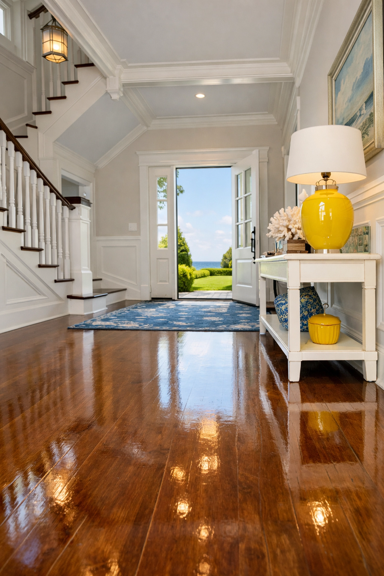 Polished hardwood floors in a Marblehead foyer after a professional move-in house cleaning service.