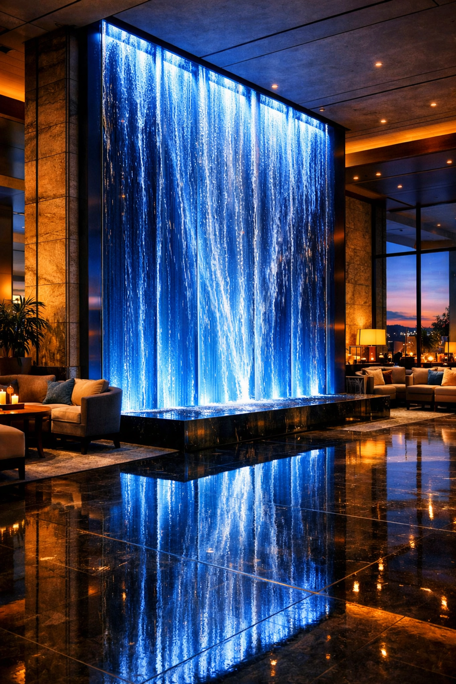 Luxury lobby featuring illuminated maintenance free waterfall as dramatic focal point