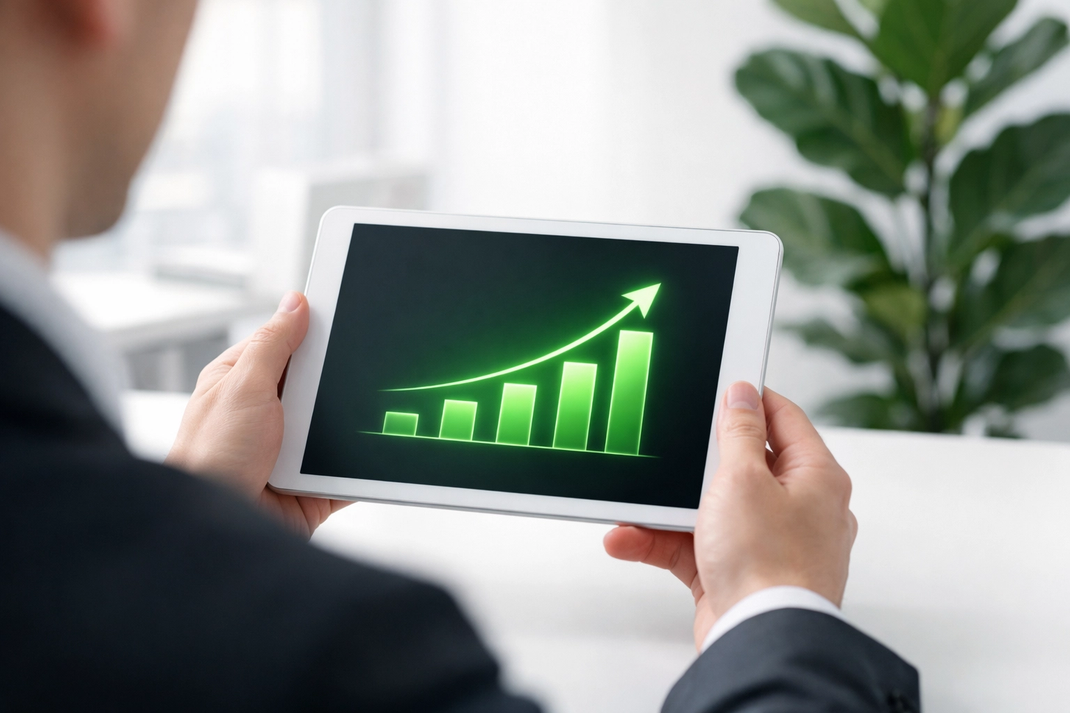 Digital tablet displaying a rising growth chart to track local website performance and SEO success metrics.