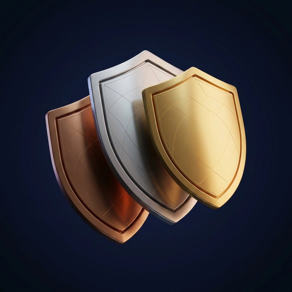 Three interlocking bronze, silver, and gold shields illustrate layered risk protection within a diversified alternative investments strategy.