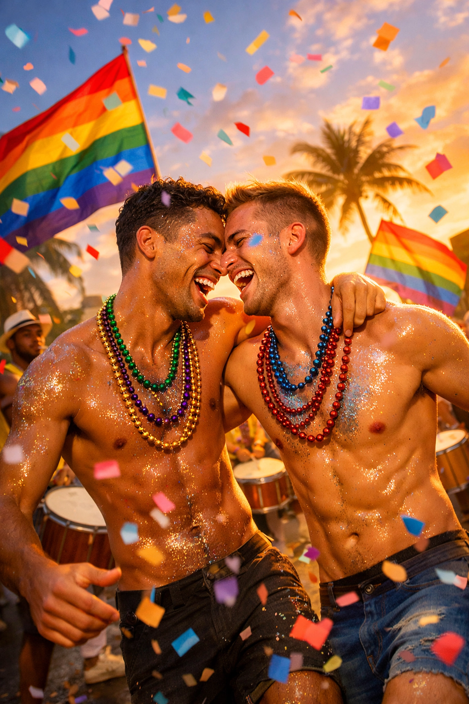 Gay couple dancing at Rio Carnival street party with rainbow flags and samba drummers