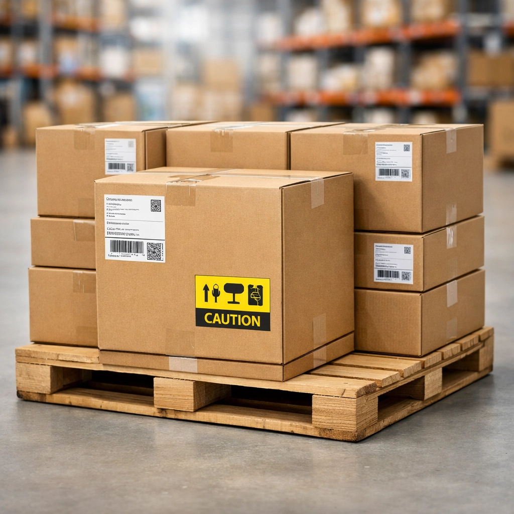 Wholesale distribution warehouse showing shipping pallets ready for Amazon FBA logistics.