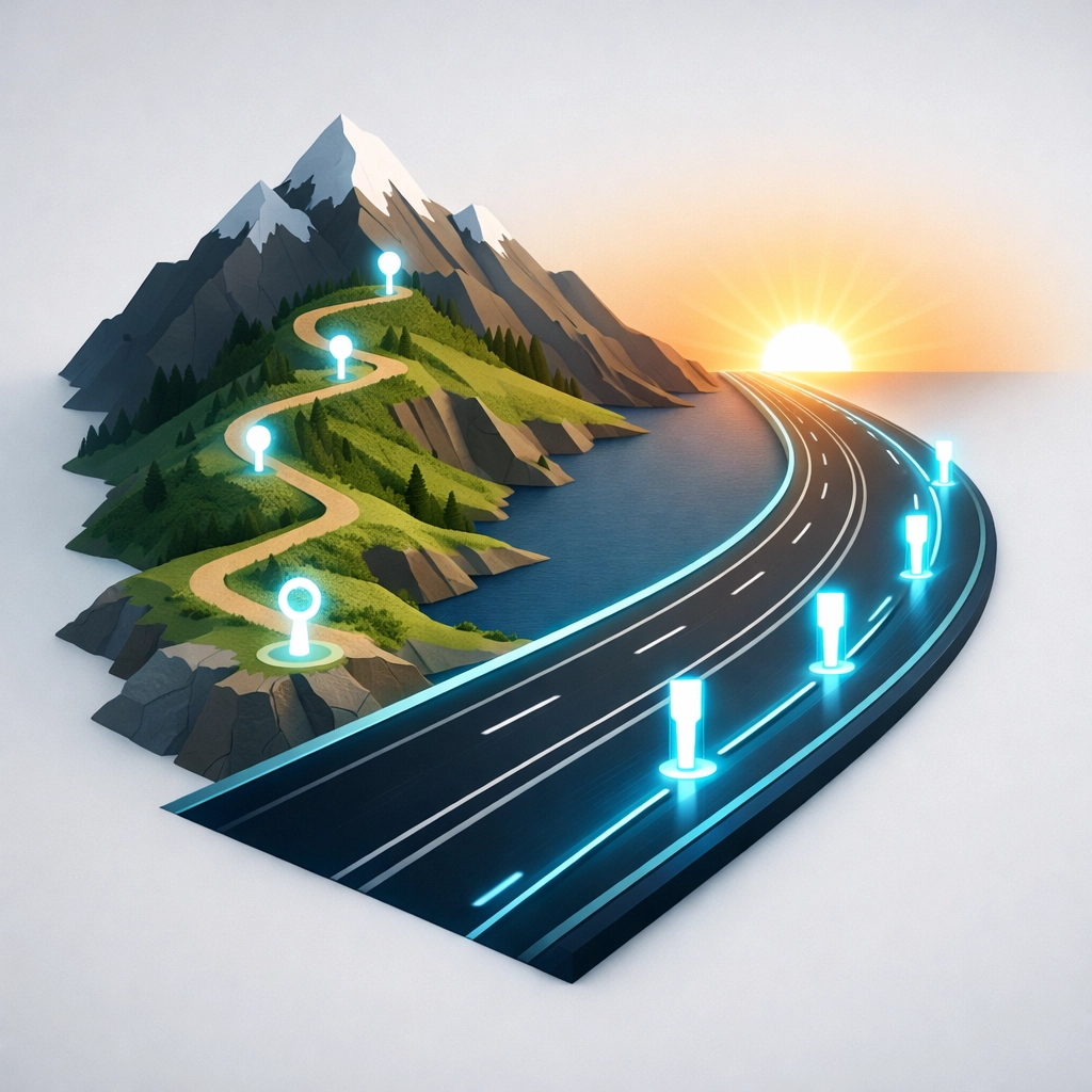 A digital roadmap showing the milestones for a successful AI customer support implementation and transformation.