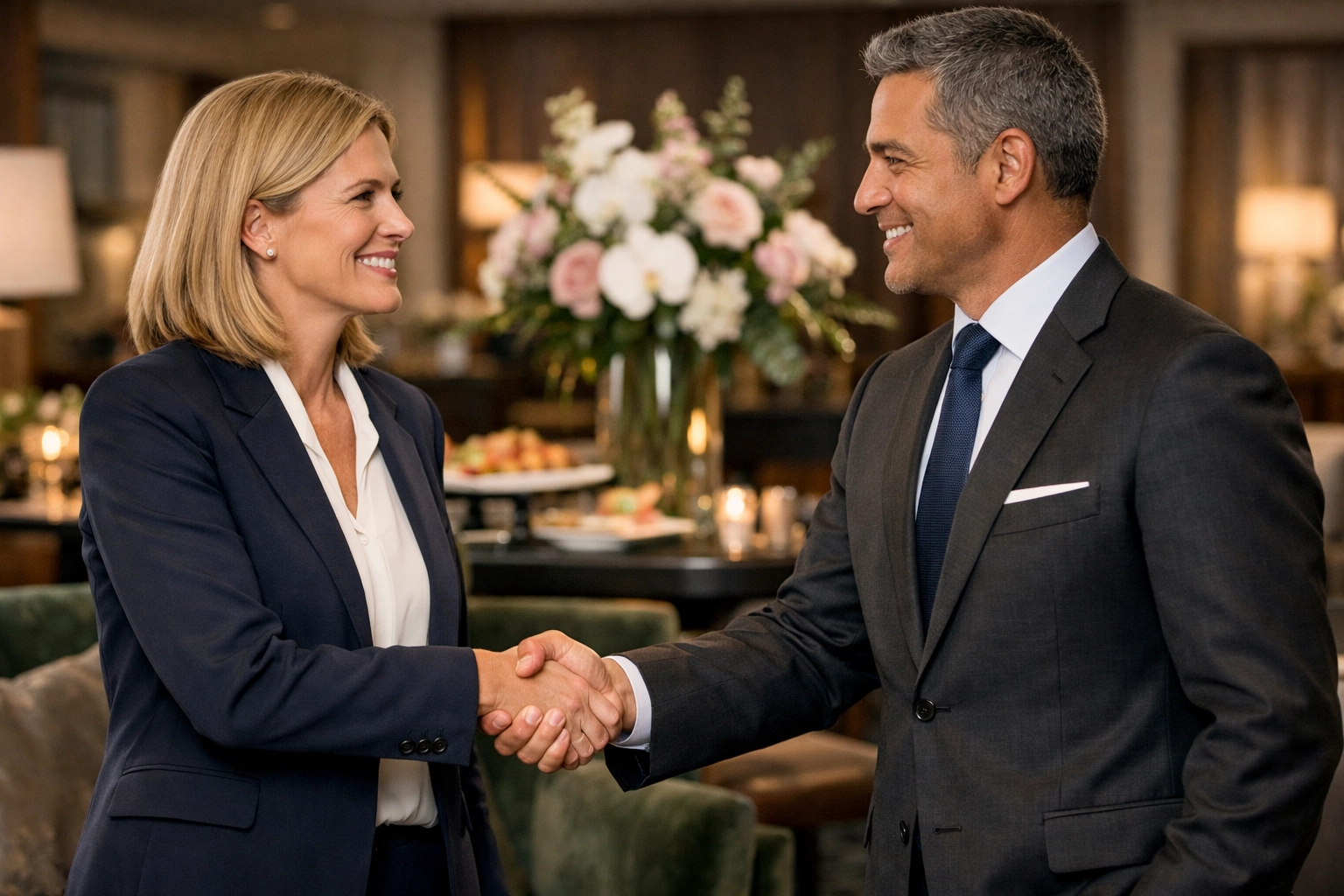 Business leaders shaking hands in a luxury hospitality lounge to finalize corporate partnerships.