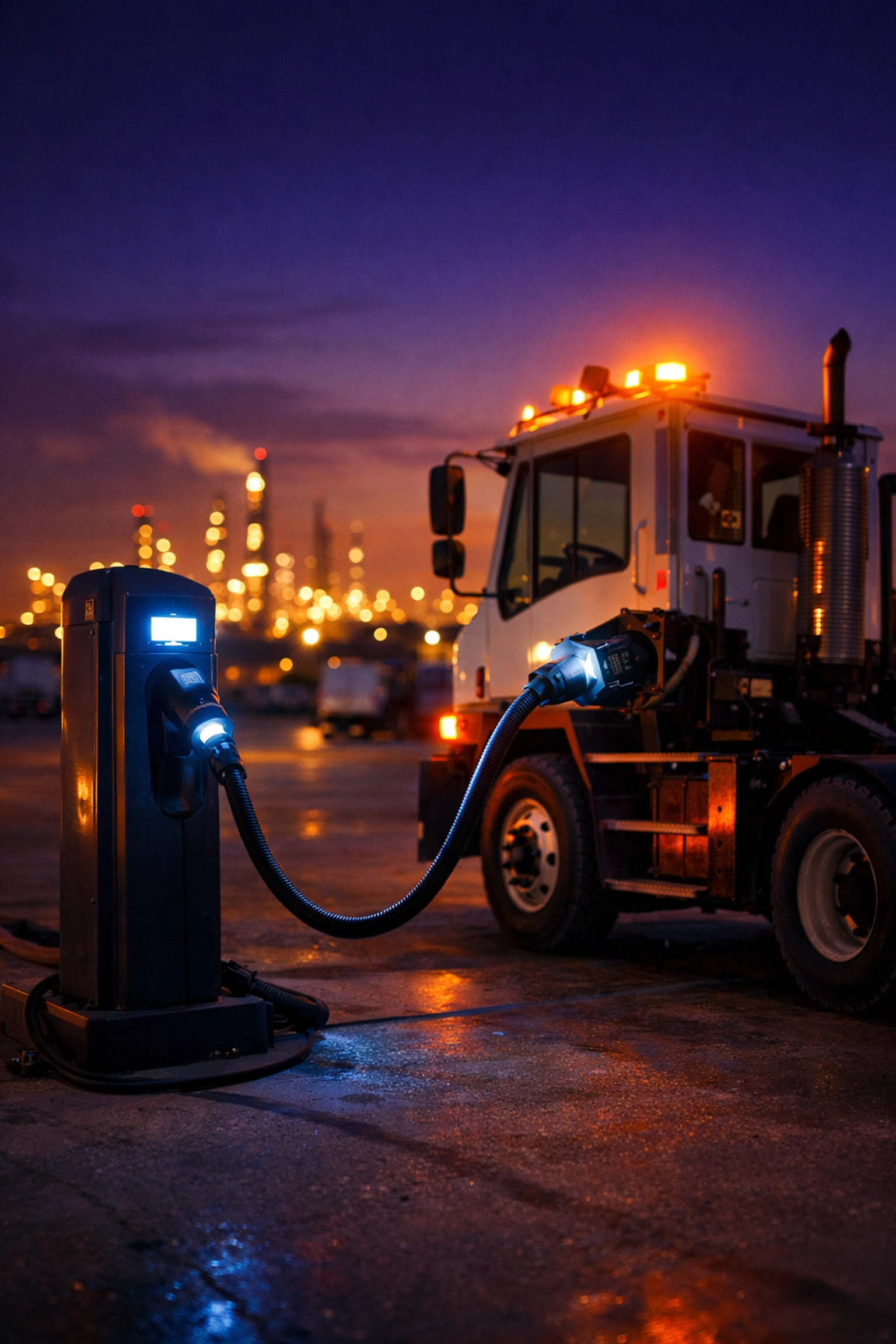 Electric terminal tractor connected to a charging station in a Houston logistics yard at dusk.