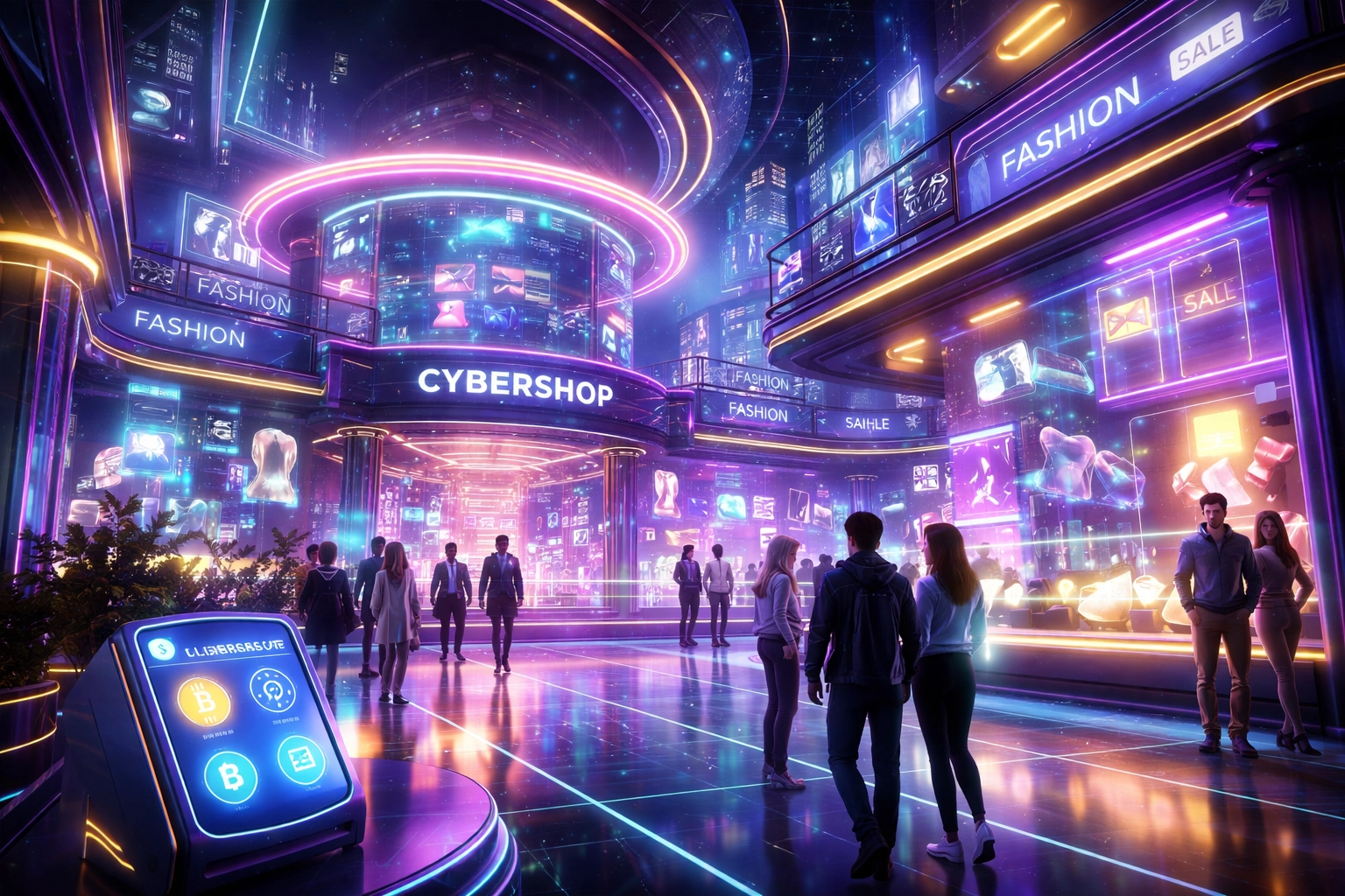 Virtual metaverse shopping mall with neon storefronts and digital avatars, highlighting immersive crypto retail experiences