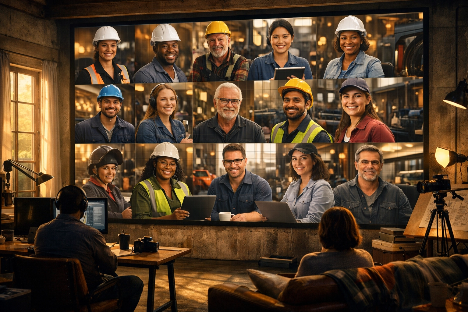 Screen mosaic of industrial professionals in a creative studio highlighting collaborative community building.