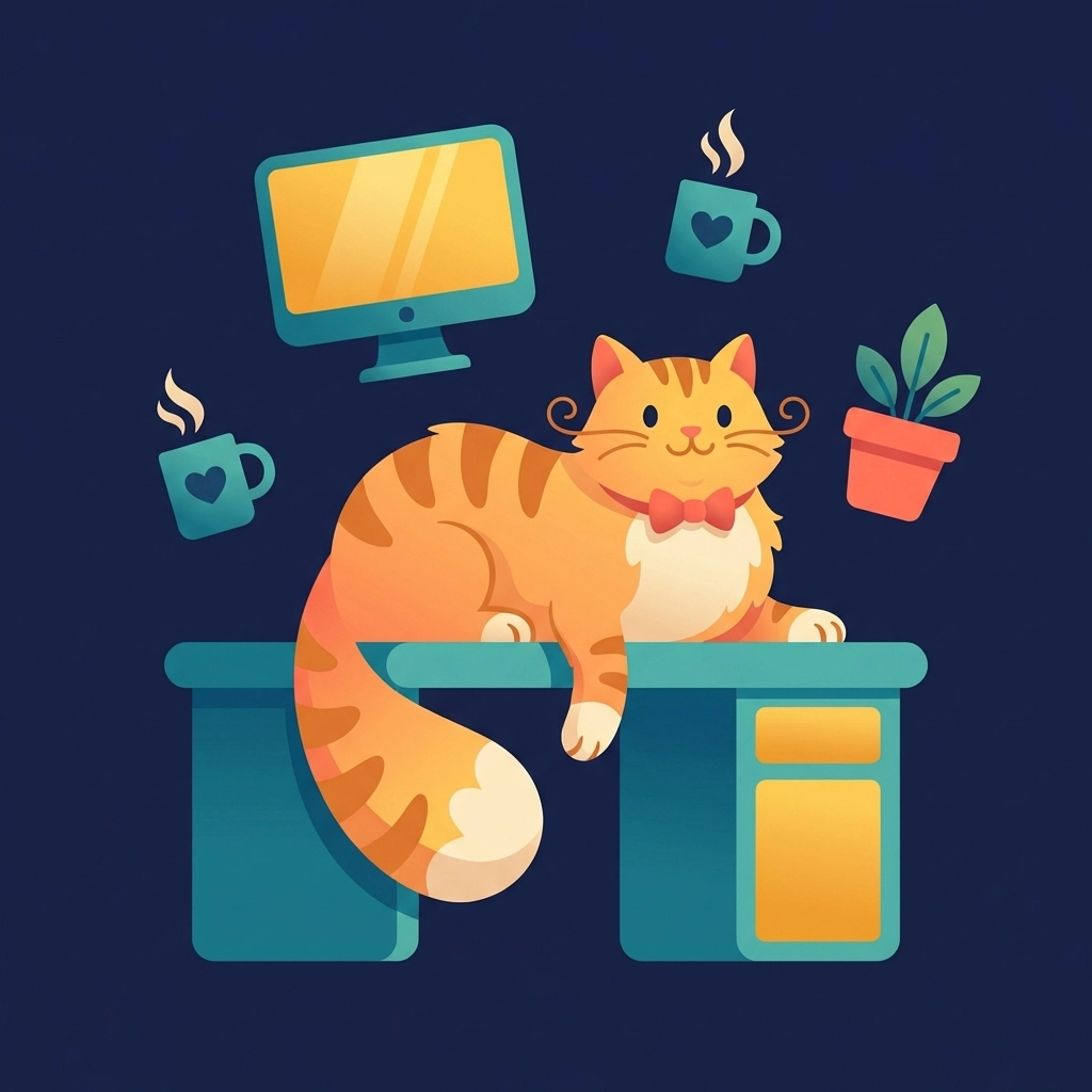 Office cat Freido Von Mediafy lounging on desk, inspiring team creativity at female-run Chattanooga agency