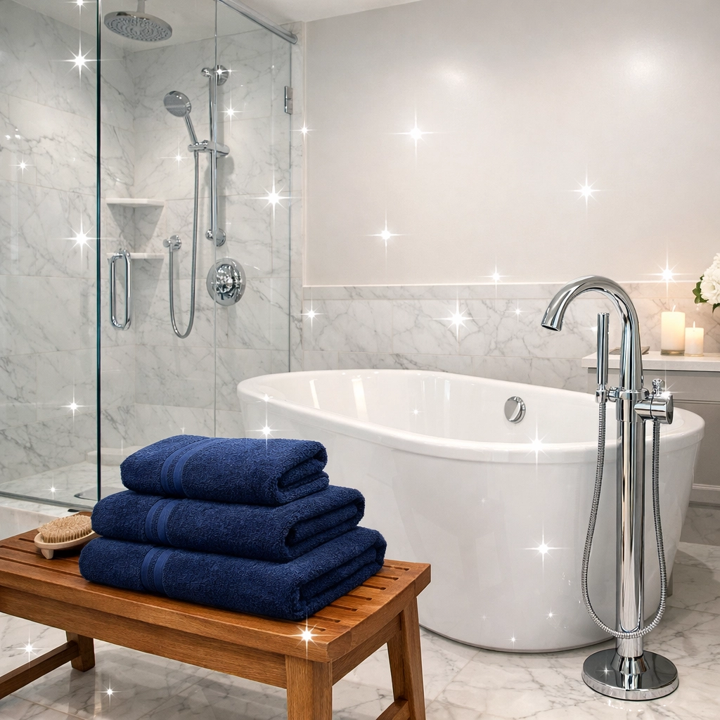 Sparkling master bathroom with marble tile after professional house cleaning Ashburnham MA services.