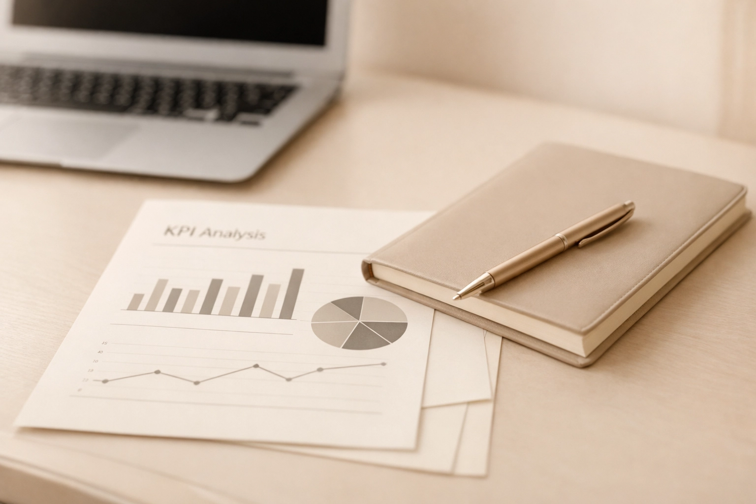 Analyzing business performance data and strategic planning notes during a mid-year review audit at a modern desk.